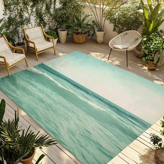 Fsddascl Turquoise Coastal Outdoor Rug for Patio/Deck/Porch, Non-Slip Large Area Rug 4 x 6 Ft, Teal Vintage Summer Ocean Waves Indoor Outdoor Rugs Washable Area Rugs, Reversible Camping Rug Carpet