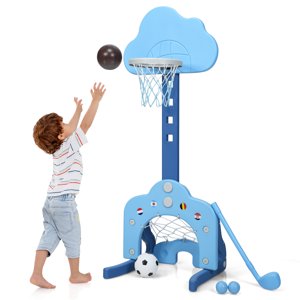Topbuy 3 in 1 Toddler Basketball Hoop Height Adjustable Kids Basketball Hoop w/ Soccer Goal & Golf Play Set Blue