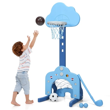 Topbuy 3 in 1 Toddler Basketball Hoop Height Adjustable Kids Basketball Hoop w/ Soccer Goal & Golf Play Set Blue