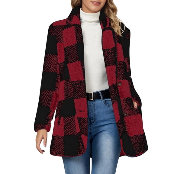Wang6 Plus Size Button Cardigan for Women Black Open Front Long Sleeve Jackets Trendy Fall Plaid Printed Trim Tops Outerwear with Pockets Red XL