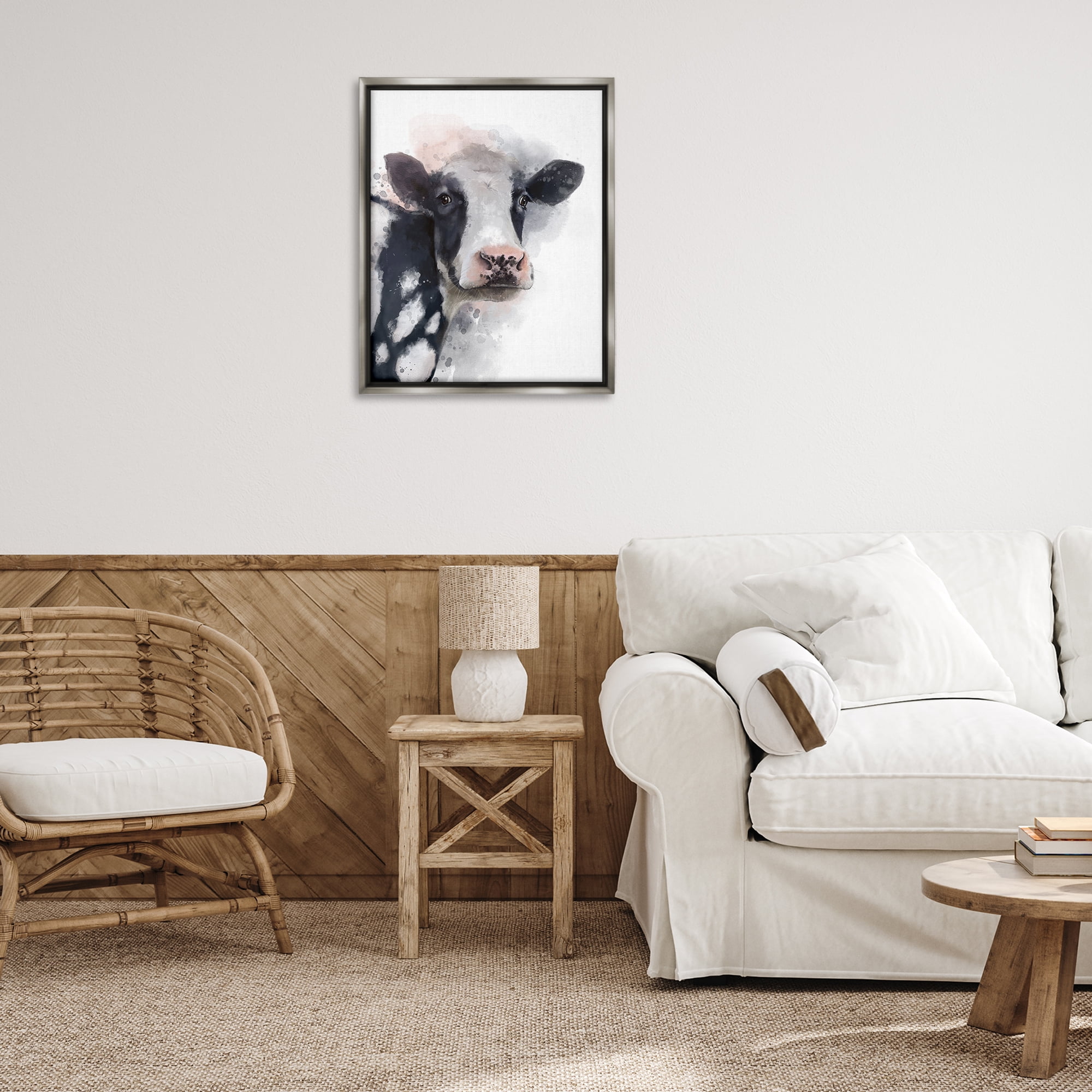 Stupell Industries Black & White Calf Animals Painting Gray Floater Framed Canvas Art Print Wall Art, 25 x 31