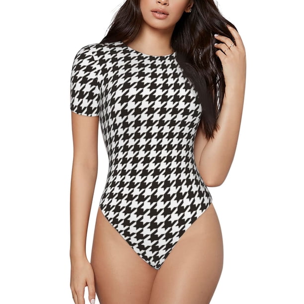 Balery Houndstooth Black And White Body de cuello redondo de manga corta para mujer Tops de manga corta Tops básicos-Large