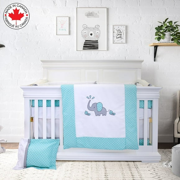 Bebelelo 7 Pieces Baby Bedding Set - Nursery Crib Set Including Skirt, Comforter, Quilt Cover, Fitted Sheet, and More for Kids, Boys, Girls (Small Dots Pattern with Elephant Embroidered)