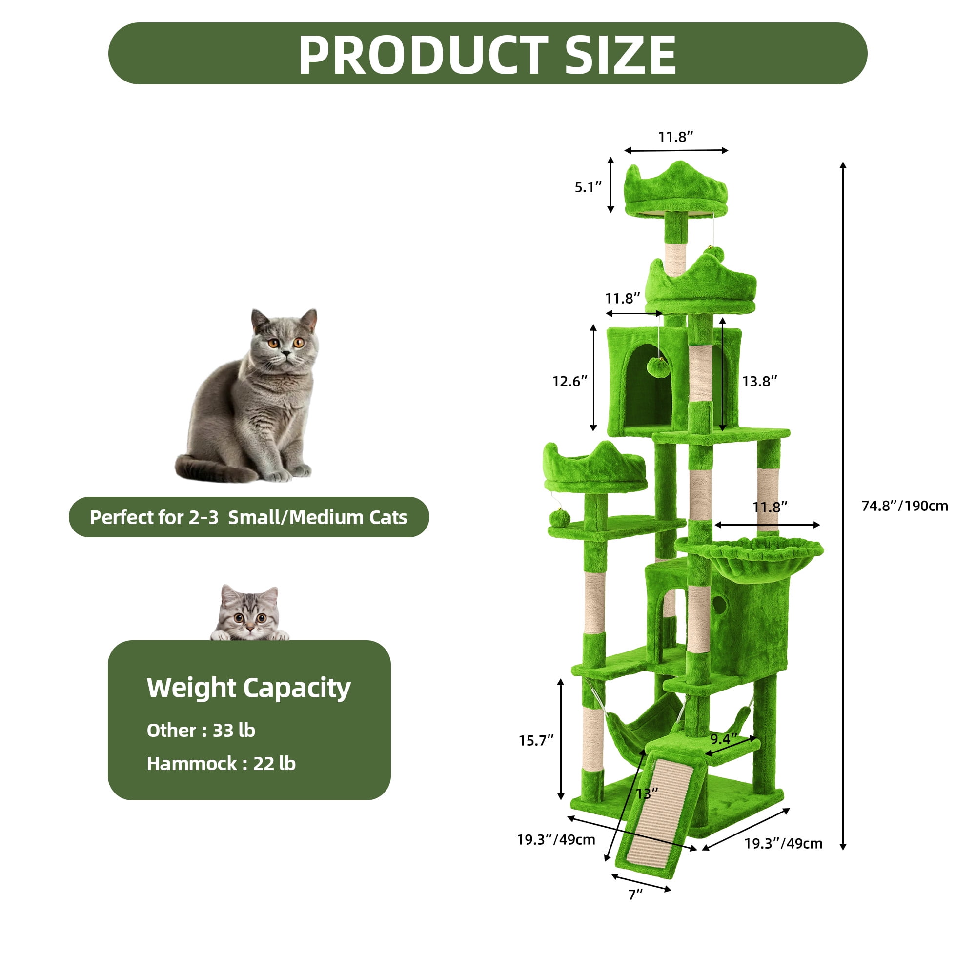 Uforic 75" Multi-Level Green Cat Tree Tower with Hammocks and Scratching Posts