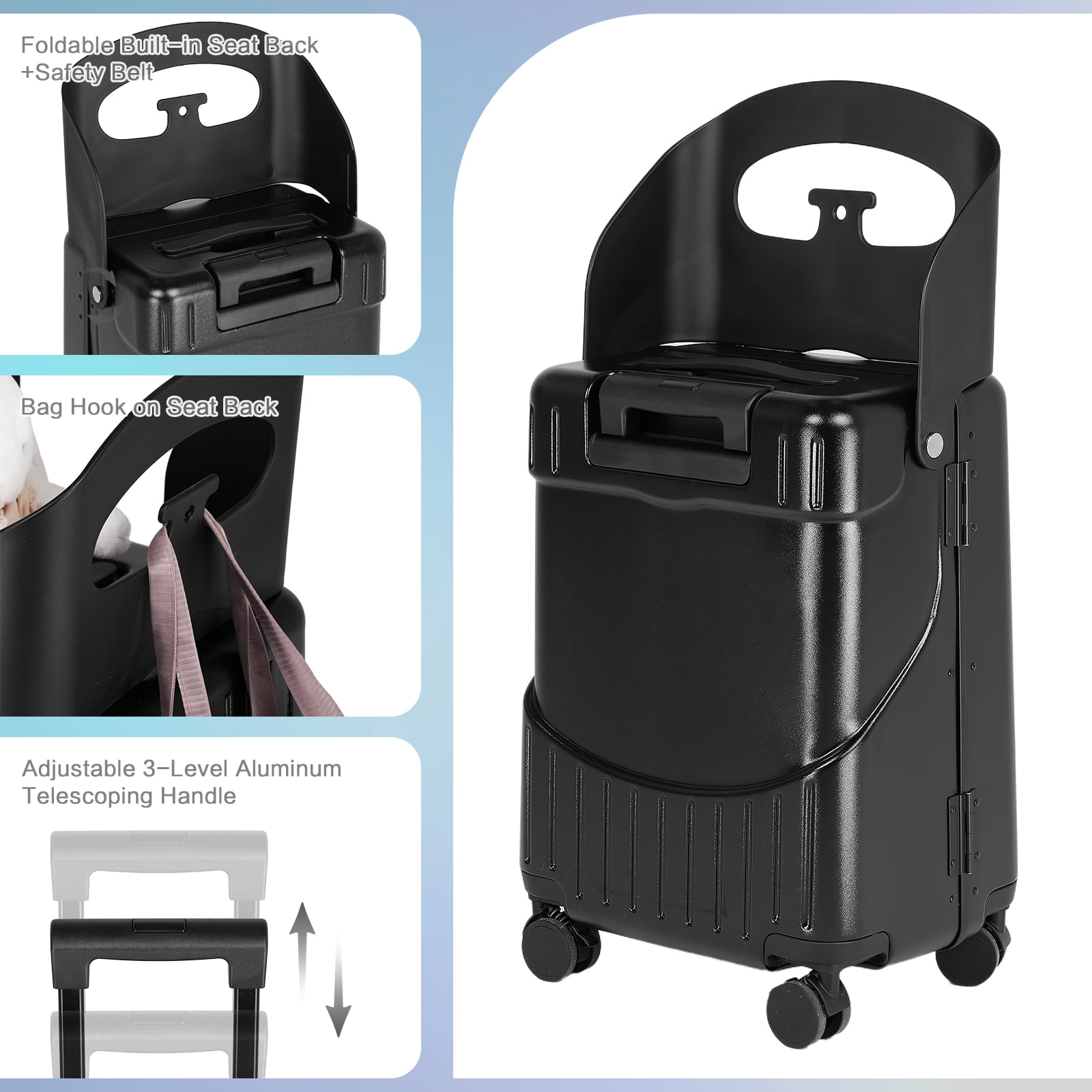 Advwin 20" Carry on Luggage with Seat for Kids, Hardside Lightweight Ride on Suitcase with 4 Spinner Wheels & TSA Lock for Travel, Black