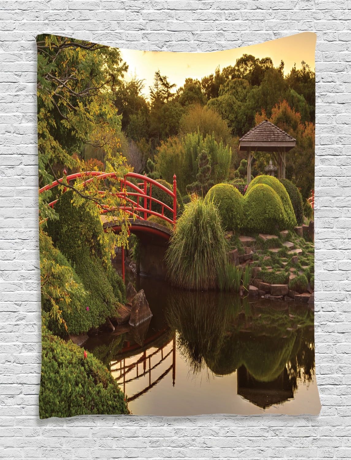 Japanese Tapestry, Peaceful Garden in Twilight with Reflections in