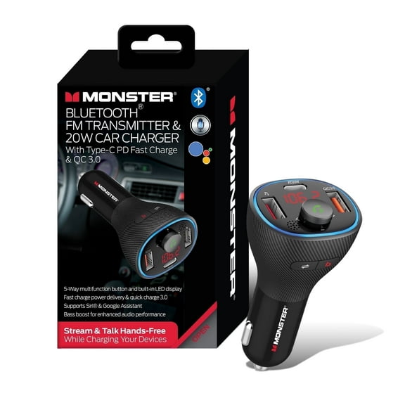 Monster Bluetooth Transmitter, Bluetooth FM Transmitter & Dual Type-C 20W Car Charger, 4.75” x 2.15”