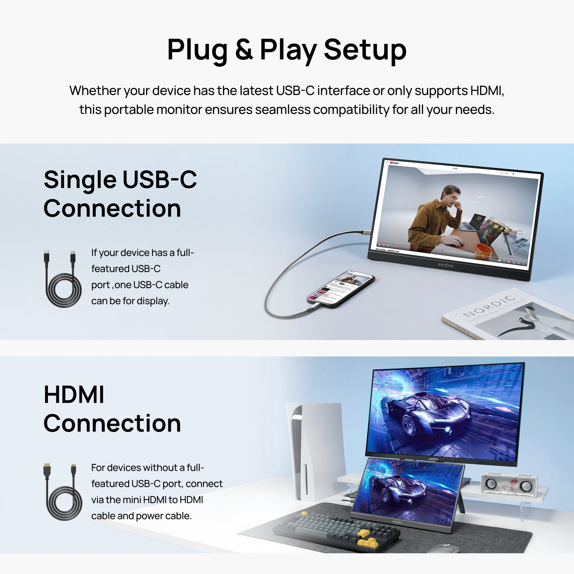 ARZOPA 15.6 inch Portable Monitor FHD 1080P 60HZ IPS USB-C Mini-HDMI External Second Screen for Mac Laptop PC Switch Xbox PS4/5 Xbox