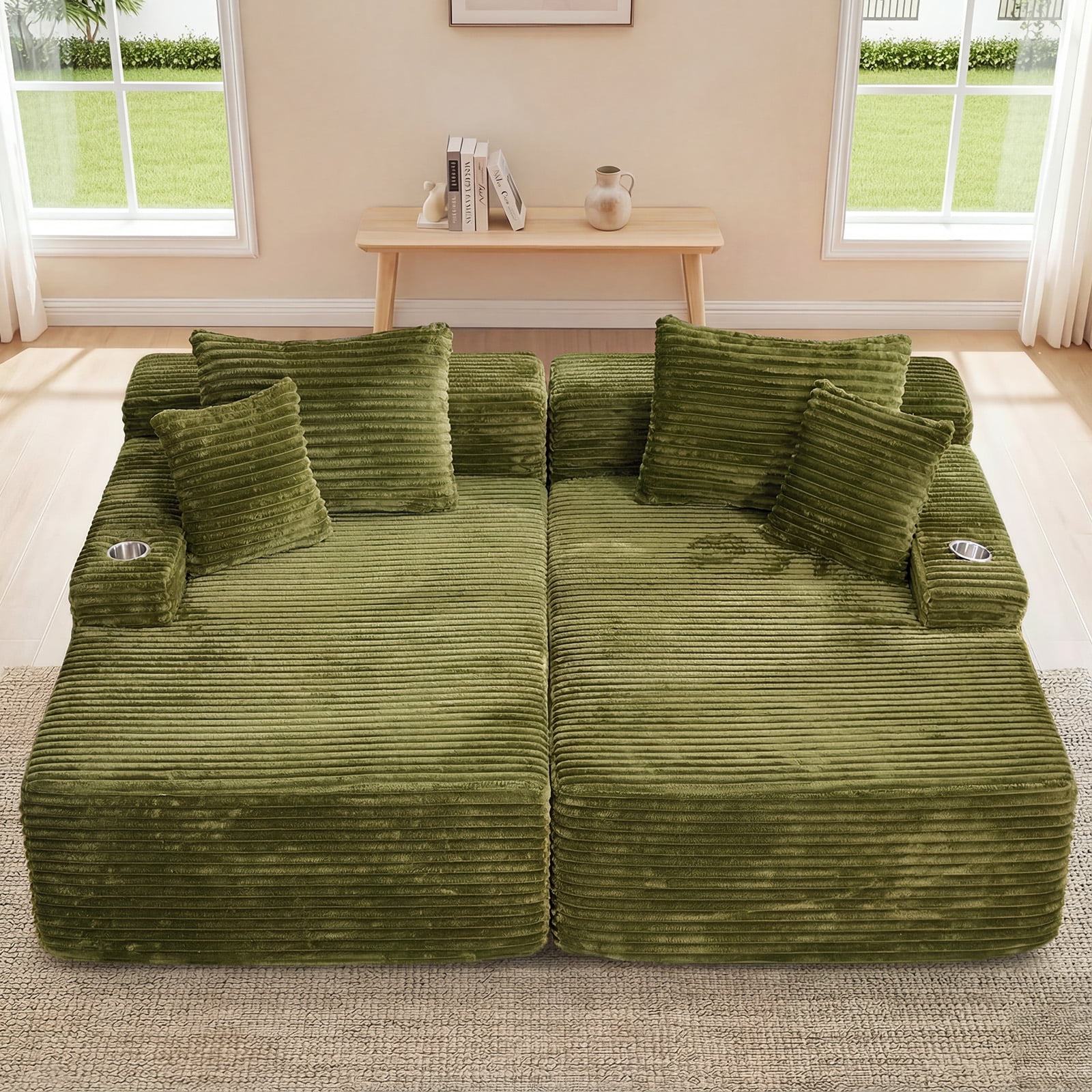 IPKIG Green Corduroy 85" Double Chaise Sofa Bed, No-Assembly-Required Oversized Loveseat with Boneless Cloud Sleeper Design