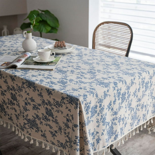 Fiudx Mantel Vintage de Rosas Azules, Tela de Lino y Algodón, Elegante Diseño de Borlas, Decoración para Bodas, Mantel para Picnic, Banquetes En Casa, Tamaño 220 X 140 Cm.