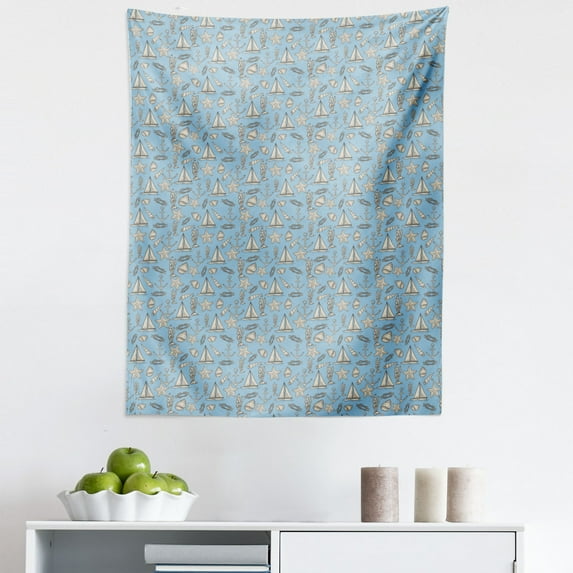 Sailboat Tapestry, Hand Drawn Naval Elements Anchor Starfish Moon Snail Shell and Seaweed, Fabric Wall Hanging Decor for Bedroom Living Room Dorm, 5 Sizes, Sky Blue and Coconut, by Ambesonne
