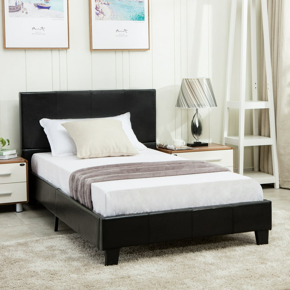 Bed Frame Mecor Slats Upholstered Headboard Bedroom Faux Leather Twin