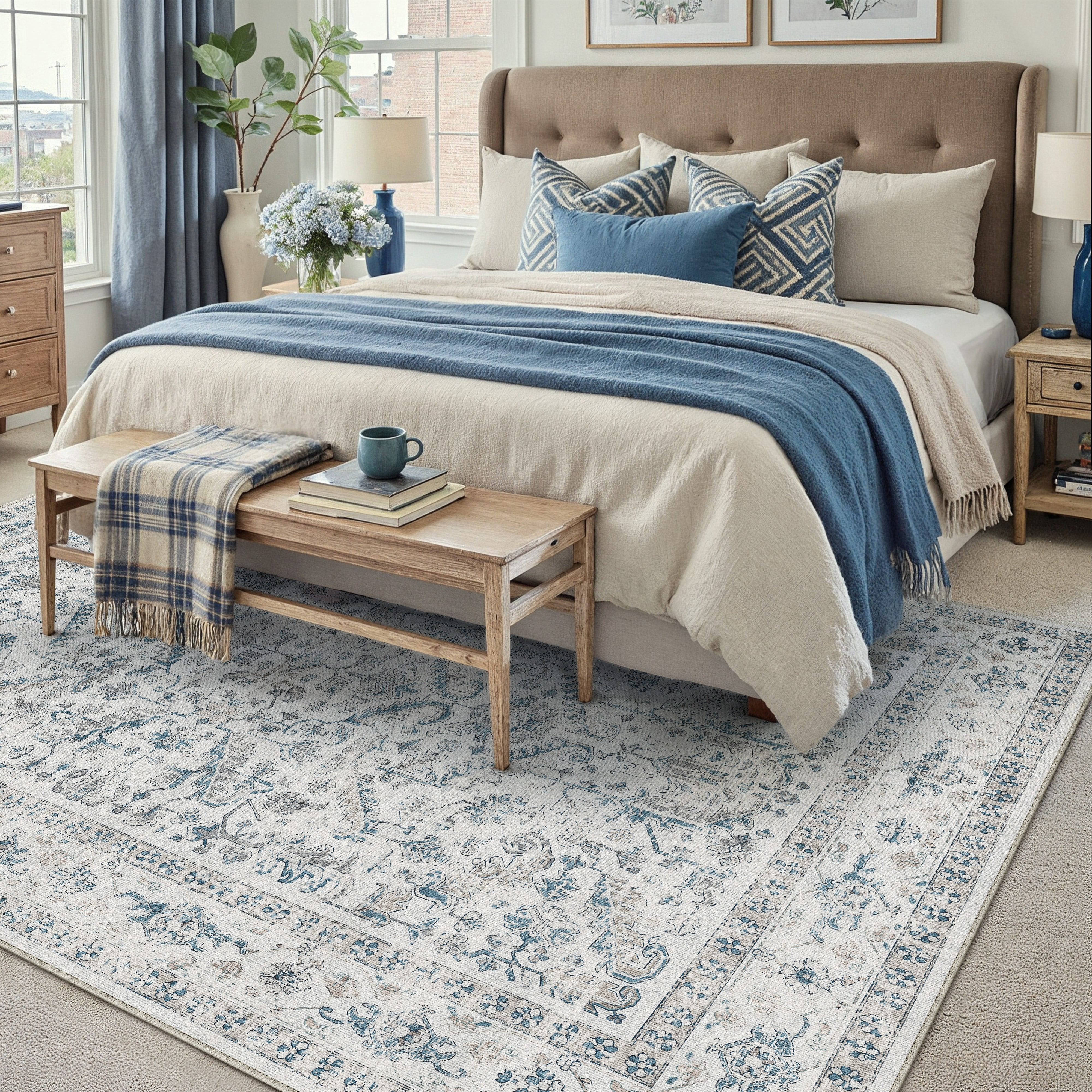 BERTHMEER 5'x7' Area Rug for Living Room Machine Washable Bedroom Rugs Distressed Vintage Oriental Traditional Print Blue Rug for Dining Room Farmhouse Nonsilp Carpet, Blue