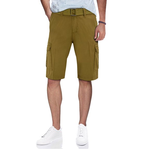 RawX Men's Belted Snap Closure Pockets Cargo Shorts, British Khaki, Size 32