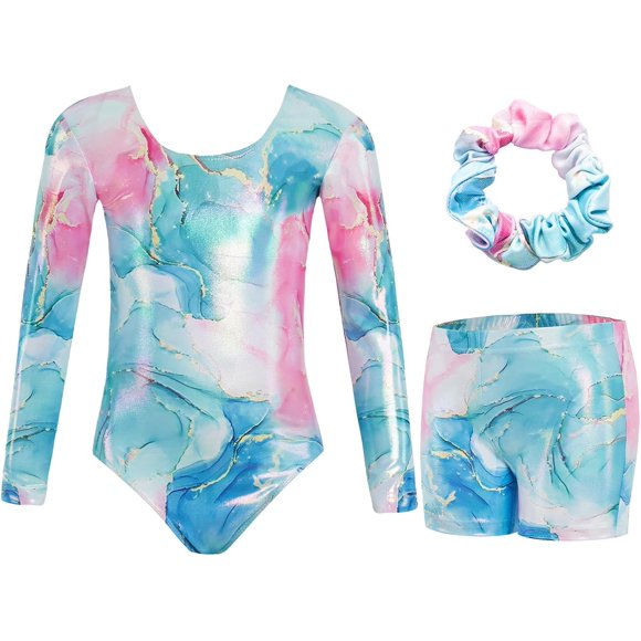 Justaucorps de Gymnastique JiAmy pour Filles, Tenue Athlétique de Gymnastique à Manches Longues et Scintillante avec Shorts pour 3-12 Ans