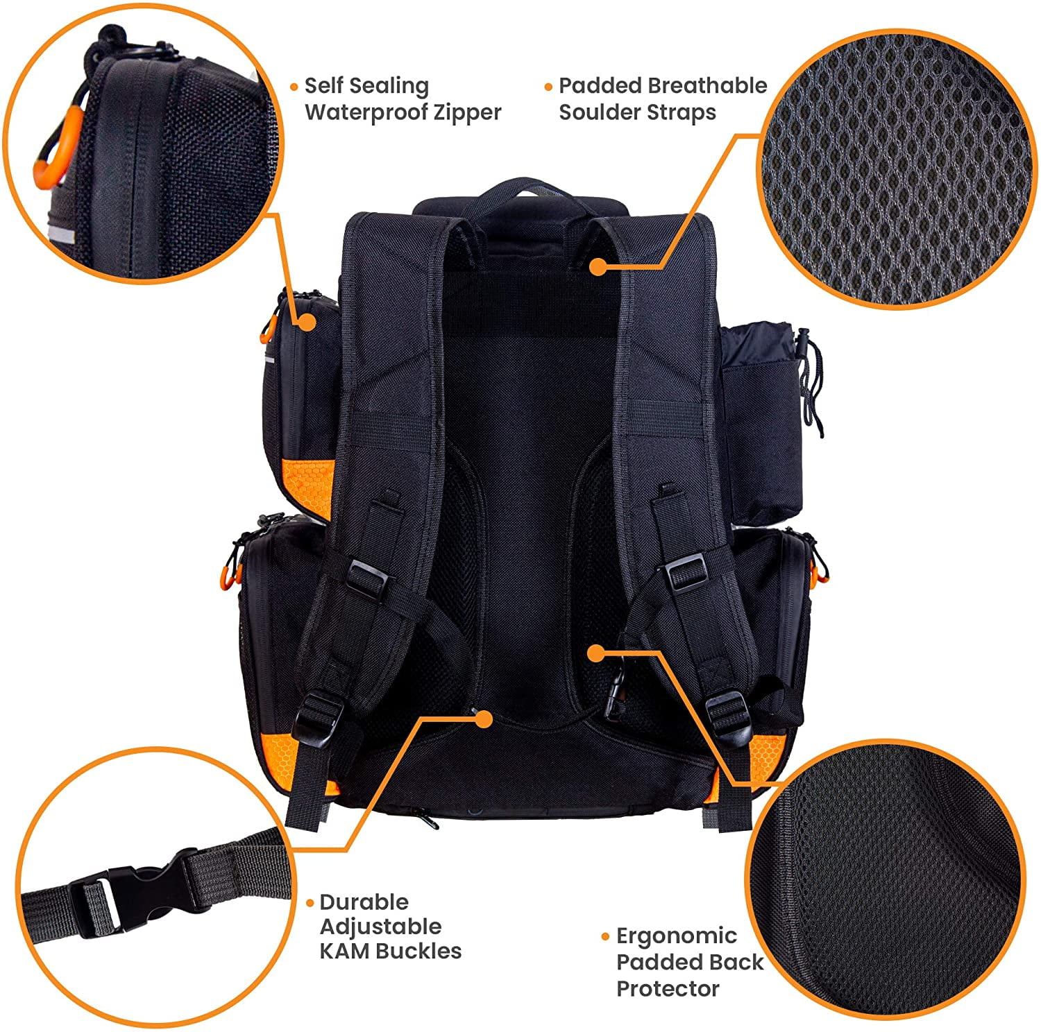 Fishing Backpack Waterproof Tackle Bag with Protective Rain Cover Includes 4 Tackle Boxes Stainless Steel Fishing Pliers and Lanyard - Black Orange