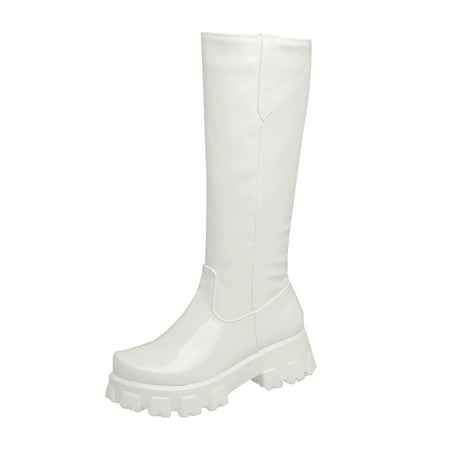 

Ladies Fashion Solid Color Bright Leather Round Toe Thick Sole Vintage Long Boots
