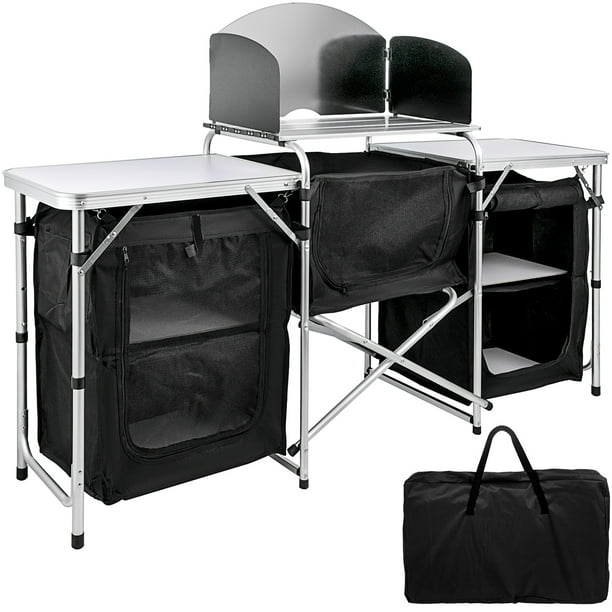 Vevor Outdoor Camp Kitchen 2 Tier Camping Kitchen Table 2 Sides Tables With 3 Zippered Bag Portable Camping Cook Table For Outdoor Activities Black Walmart Com Walmart Com