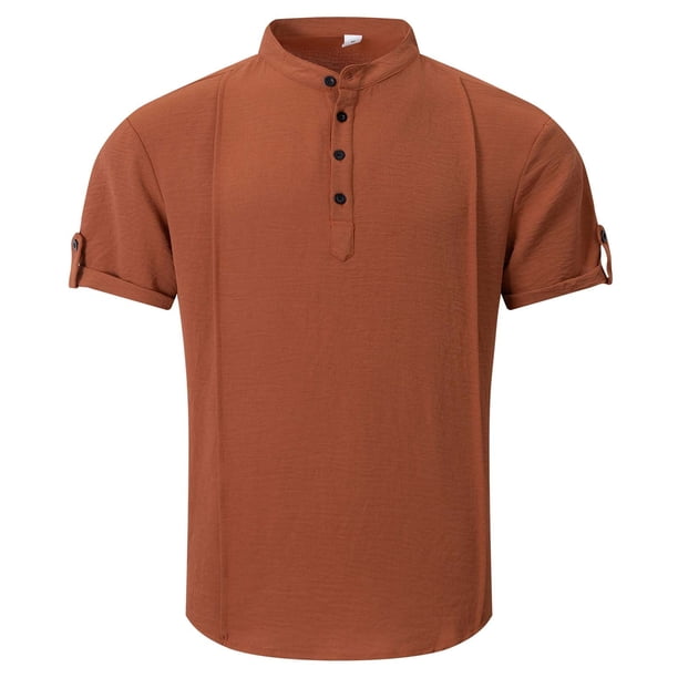 Camisa de Manga Corta Plisada con Botón de Cuello en V, Mezcla de Algodón de Poliéster Top de Vacaciones de Playa, Suelto para Hombres