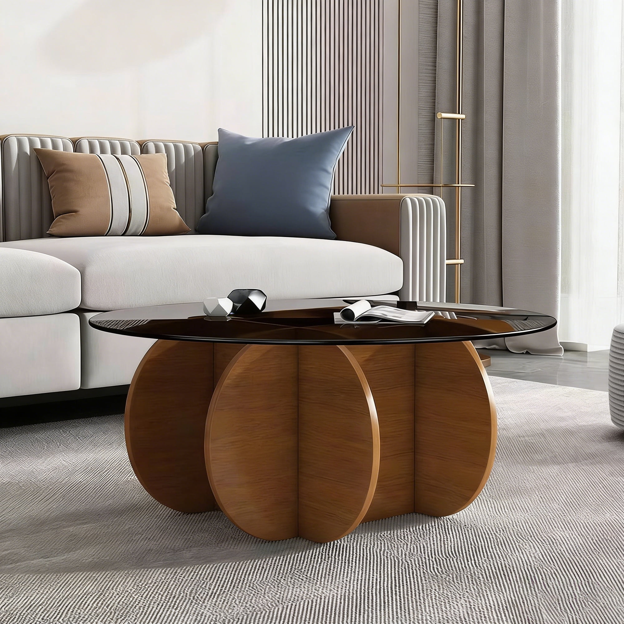 Coffee Table, Round Mid Century Modern Design with Tempered Glass Top and Solid Wood Base, Center Table for Living Room, 31.5 Inch Diameter Walnut