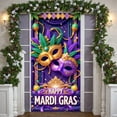 thumbnail image 3 of Purple Gold Green Mardi Gras Banner Feather Decorated Carnival Display Beaded Trim Ornate Mask Festive Backdrop for Mardi Gras Celebration Carnival Party Masquerade Event, 3 of 4