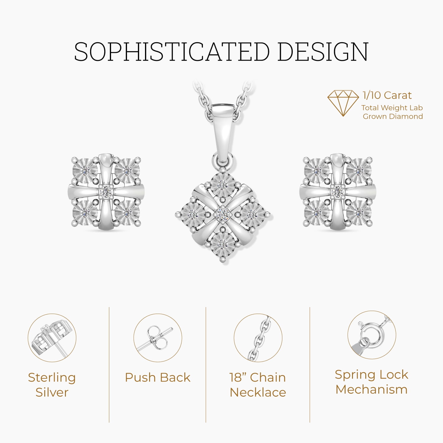 Gilded 1/10 CTTW Lab-Grown Diamond Diamond shaped Stud Earrings & 18" Necklace Set, Sterling Silver, Elegant & Ethical Jewelry for Women, Gift Box Included, Ideal for Anniversaries, Birthdays & Gifts
