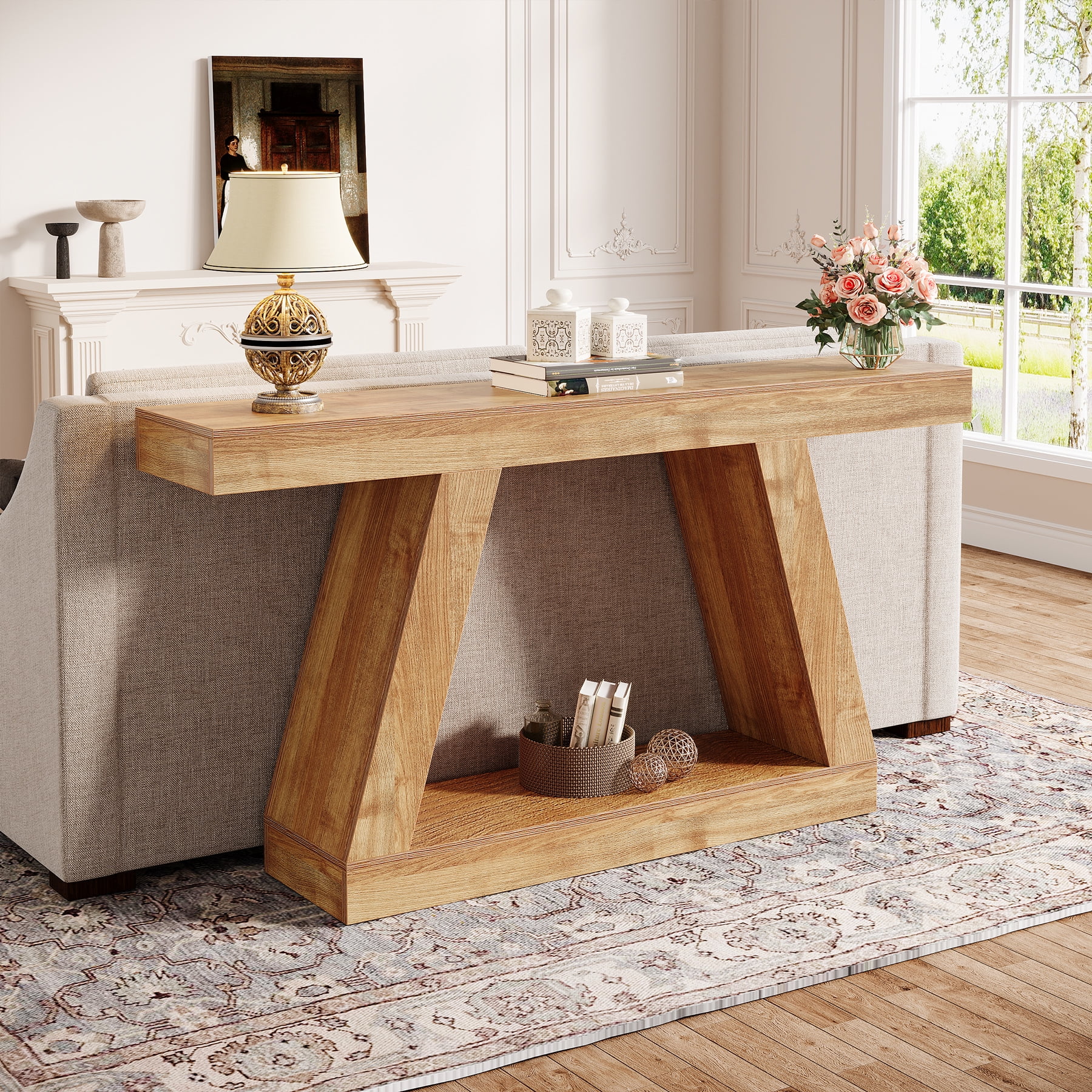 Finmind 55-Inch Farmhouse Console Table，2-Tier Wooden Entryway Table for Hallway, Natural