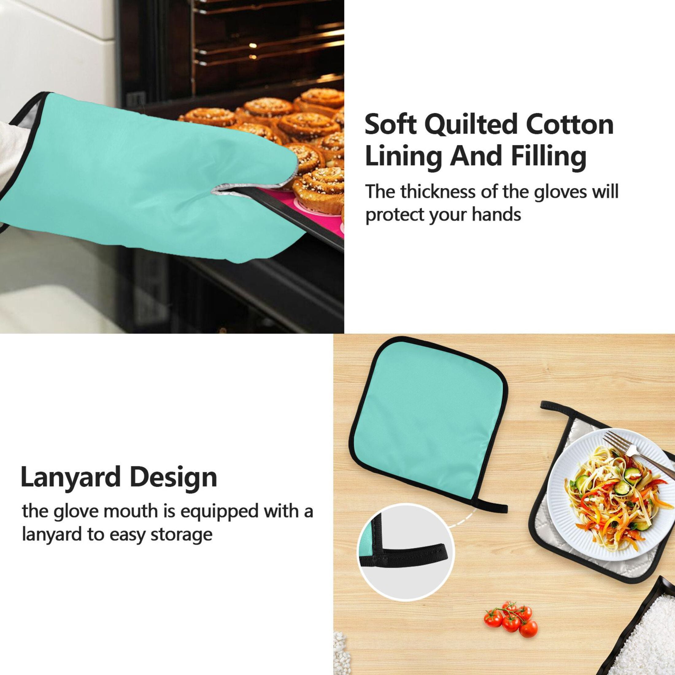 Calamine Blue 5 Pcs Kitchen Set Heat Resistant Oven Mitts and Non-Slip Pot Holders with Adjustable Cooking Apron