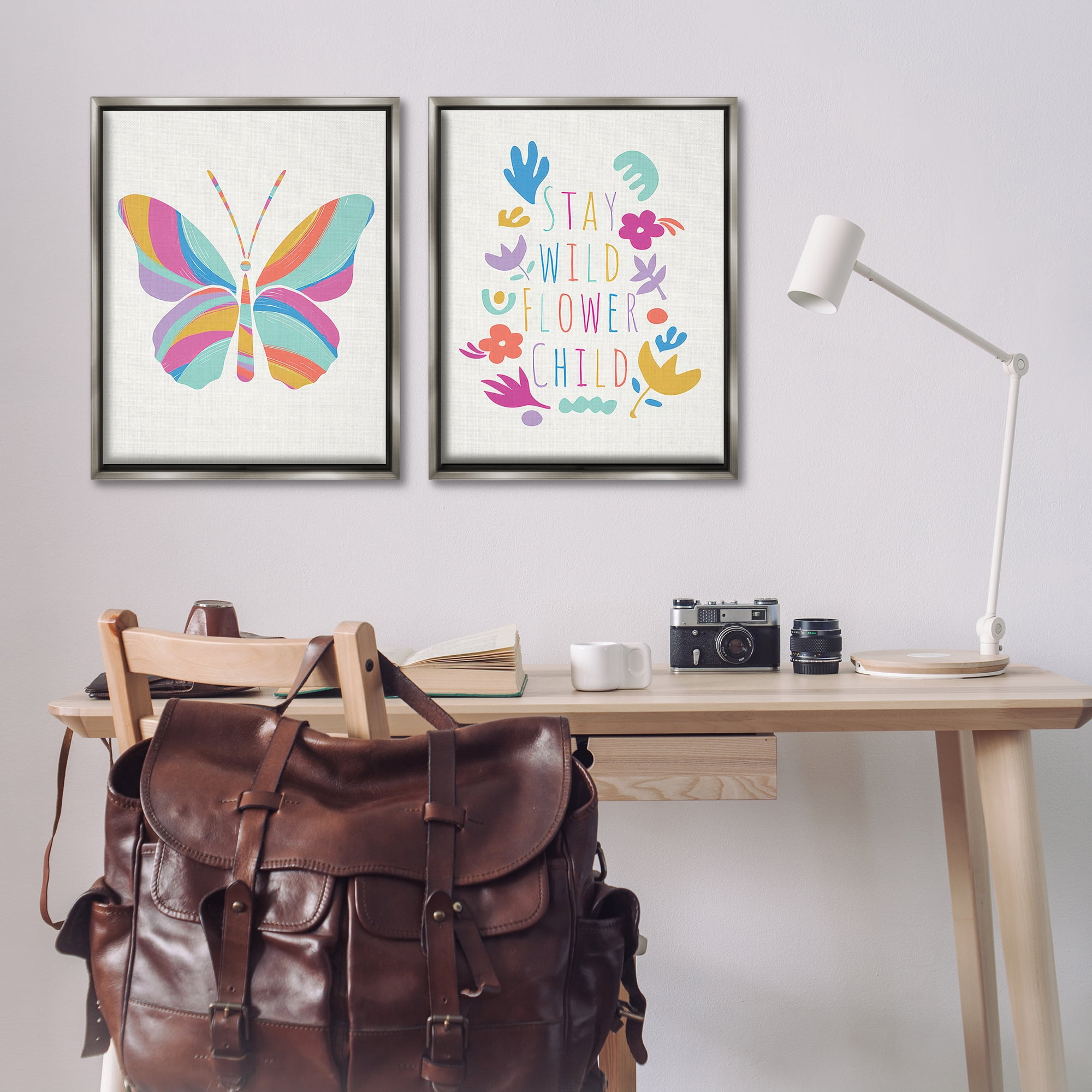 Stupell Industries Stay Wild Butterfly Text & Numbers Painting Gray Floater Framed Canvas Art Print Wall Art, 31 x 25, Set of 2
