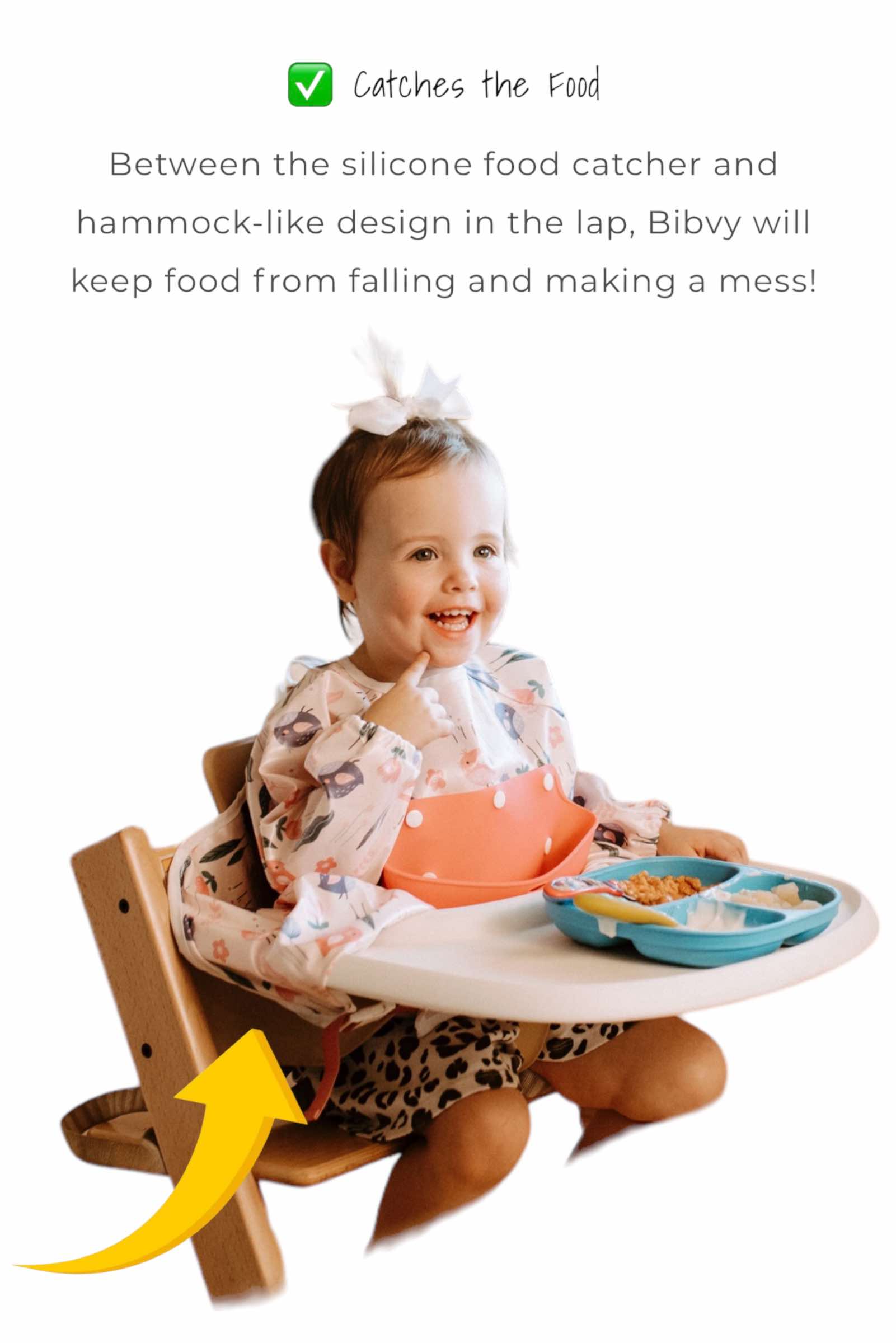 Bibvy Mess Proof Baby Bibs, Toddler Feeding, Silicone Catcher, Chair Attaching, Waterproof, 6-36 Mos