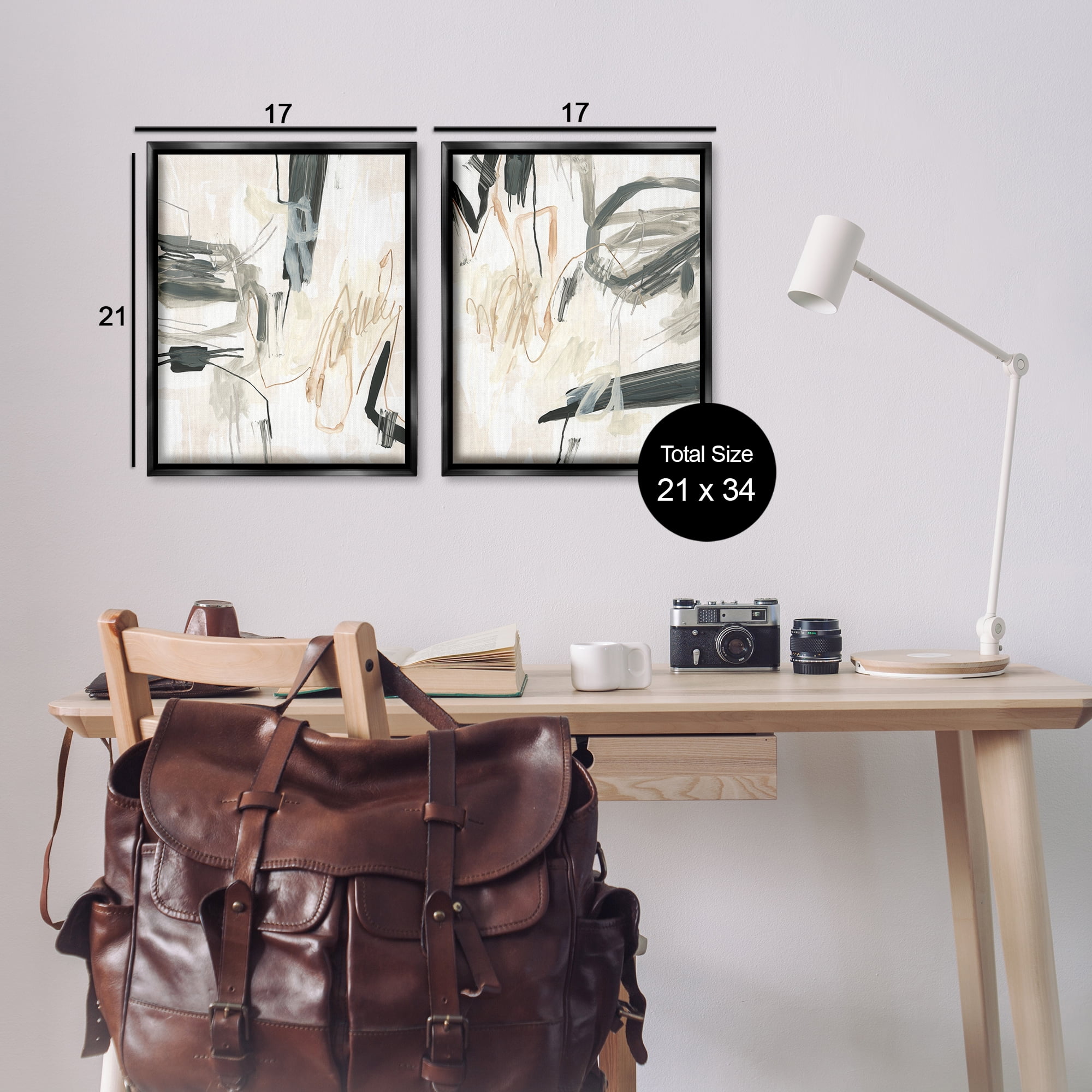 Stupell Industries Abstract Squiggly Beige Lines Abstract Painting Black Floater Framed Canvas Art Print Wall Art, 17 x 21, Set of 2
