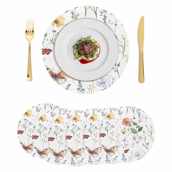 Round Placemats Farmhouse Butterfly Floral 15 inch Set of 6 Table Mats for Dining Table Pastoral Watercolor Botanical Heat Resistant Non-Slip Kitchen & Home Decorative Place Mat Set