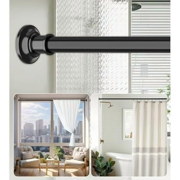 Tension Curtain Rod, 43-64 Inch Adjustable 1.1 Inch Diameter Thick Heavy Duty Black Shower Curtain Rod, Spring Curtain Rod Stainless Steel, Shower Rod for Bathroom No Drilling, No Rust