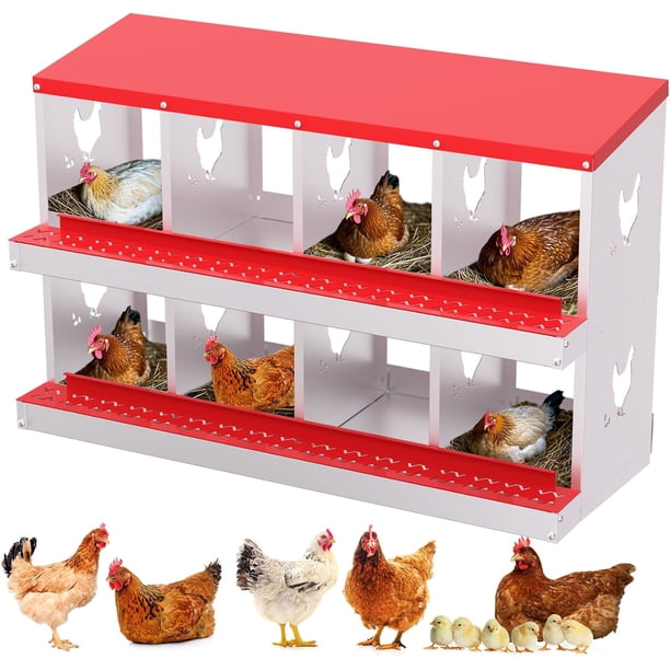 Cajas Nido para Gallinas, Caja Metálica con 8 Compartimentos, Percha, Tapa Segura