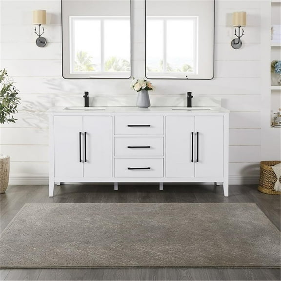 Laurel 72" Wood Vanity in White Calacatta White Quartz Top no Mirror