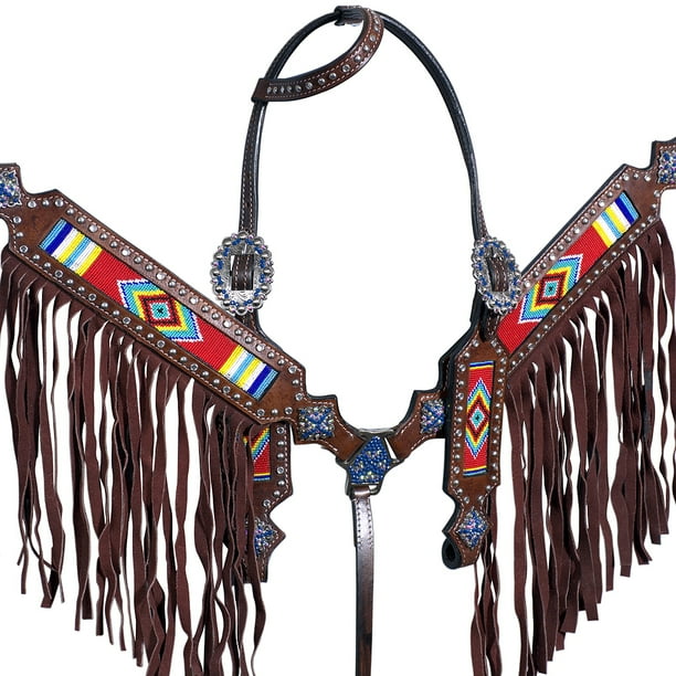 WESTERN LEATHER HORSE ONE EAR HEADSTALL BREAST COLLAR BROWN FRINGES RED