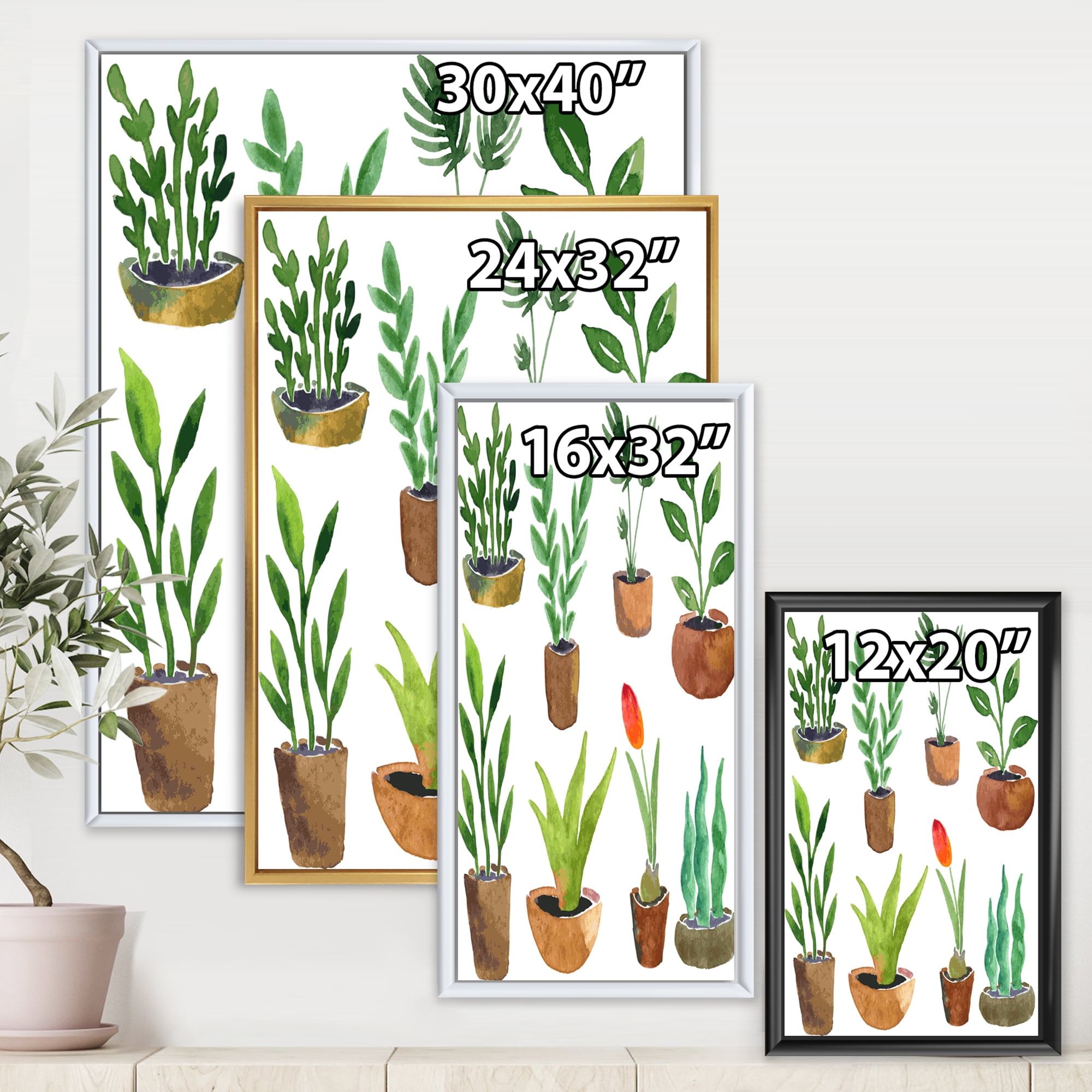 Designart 'Eight House Plants In Claypots' Traditional Framed Canvas Wall Art Print