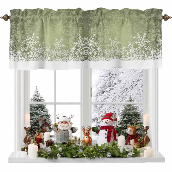 Green Snowflakes Valances for Windows, Winter Xmas Green White Nature Snow Scene Rod Pocket Valance Short Window Treatments Curtains for Kitchen Bathroom Bedroom Decor, 56 x 16 Inches