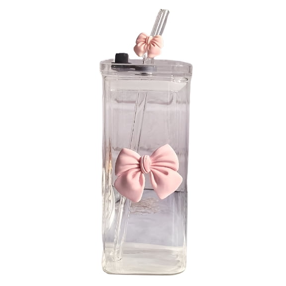 ACDANC Cute Pink Bow Glass Cups with Lids and Straws,Aesthetic Iced Coffee Cup,Girly Preppy Design Tumbler Mug,400Ml/13.5Oz Drinking Glasses Gifts for Women Teen Girl Christmas Trendy Stuff