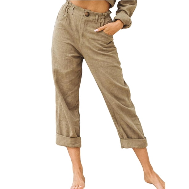 SAYOO Pantalones rectos de color sólido para mujeres, pantalones de cintura alta con bolsillos SAYOO moda