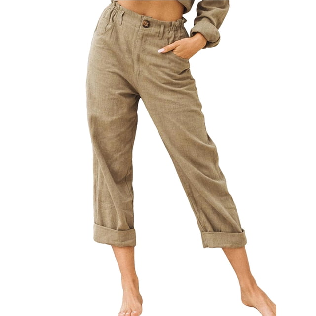 SAYOO Pantalones rectos de color sólido para mujeres, pantalones de cintura alta con bolsillos SAYOO moda