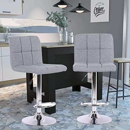 Parla Gray Stool, Modern Adjustable Height & Swivel Stool, Fabric Upholstered Stool with Chrome Pedestal Base, Pub Chair Kitchen Island Counter, Backrest & Footrest (Set of 2)