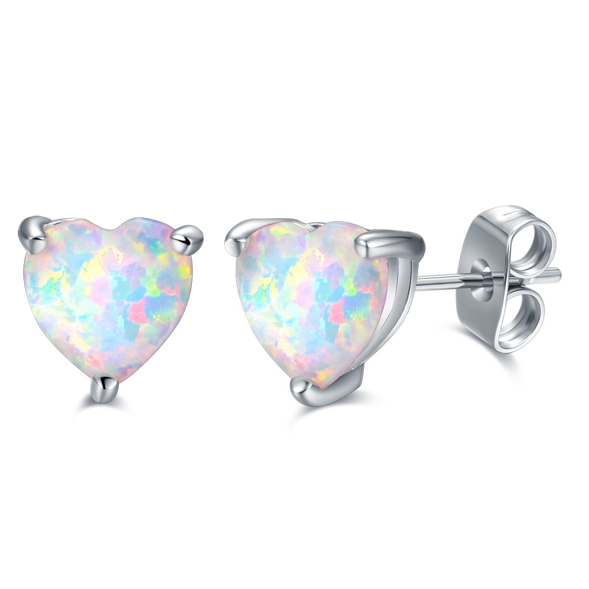 Sterling Silver Opal Heart Shaped Halo Cluster Stud Earrings 