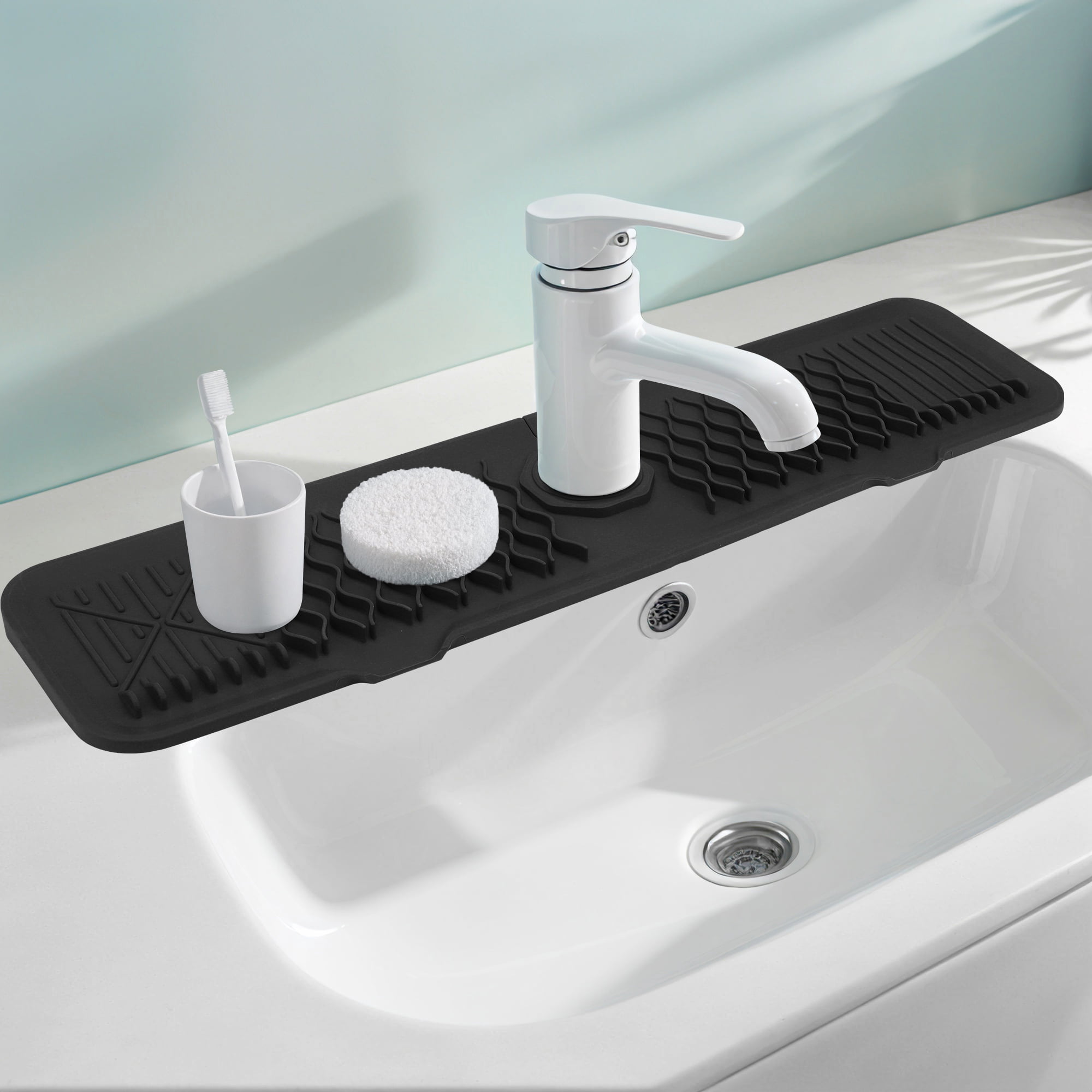 Longer Faucet Mat for Kitchen Sink Splash Guard, Kitchen Sink Mat,  Kitchen Sink Splash Guard, Kitchen Sink Area Behind Faucet Mat Black 24.0*5.7 inch