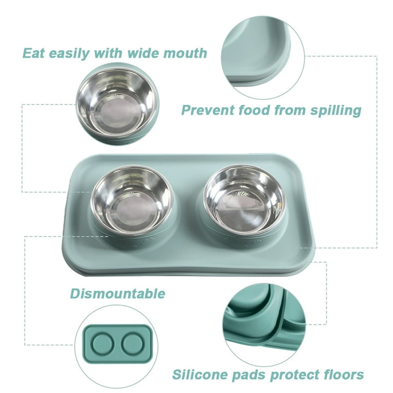 Slip Resistant Pet Bowls and Silicone Feeding Mat Set, Catch Water and Food  Mess, Raised Edges for No Spills, for Small and Large  Pets,green,green，G19395 