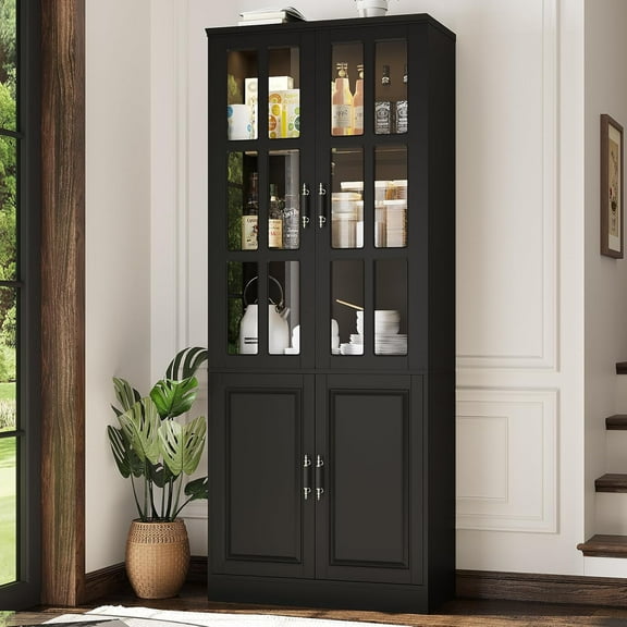 Kitchen Pantry Storage Cabinet with LED Lights, 78.7" Tall with Glass Doors & Drawers, Freestanding Utility Cabinet, Black (31.5" W x 15.7" D)