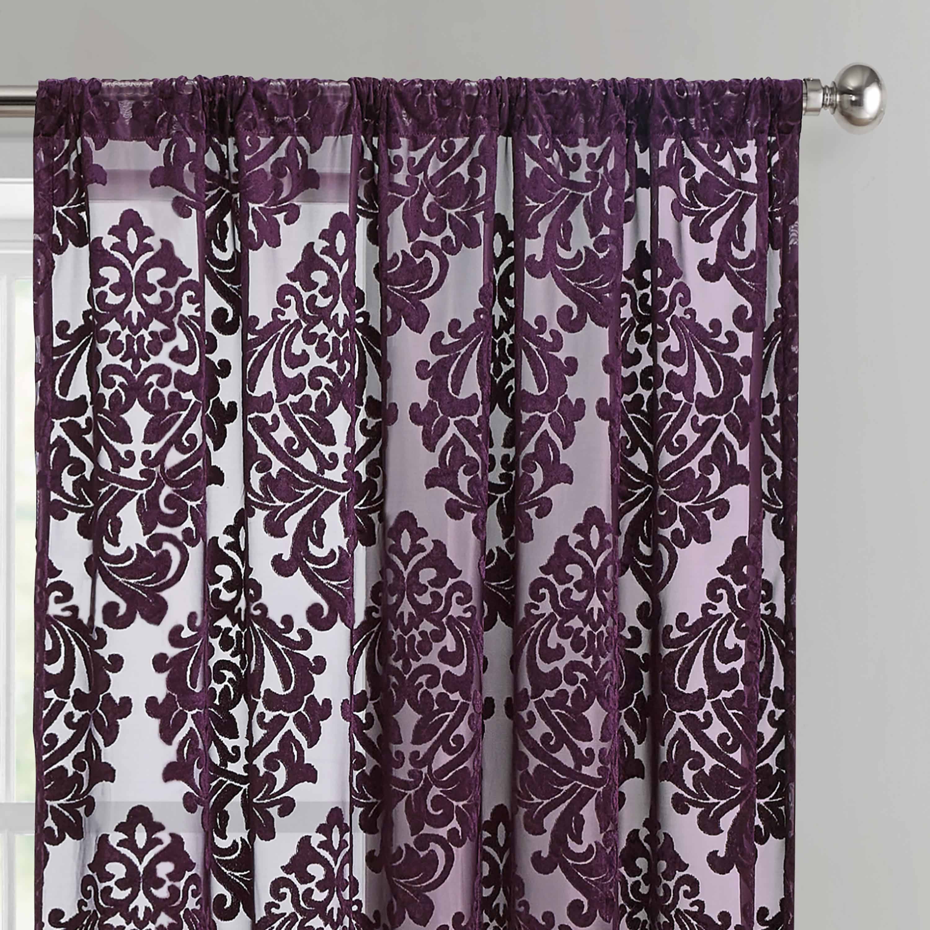 Mainstays Velvet Sheer Damask Burnout Rod Pocket Single Curtain Panel, Purple