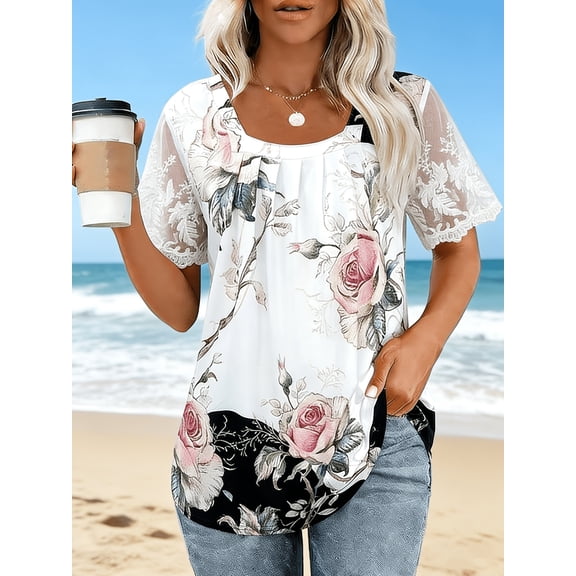 Nyfairy Plus Size Women's Square Neck Lace Trim Floral Print Casual Blouse