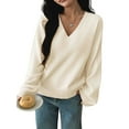 thumbnail image 2 of Women Fall Long Sleeve Sweater V Neck Tops Casual Light-Weight Knit Pullover Shirts White S, 2 of 9