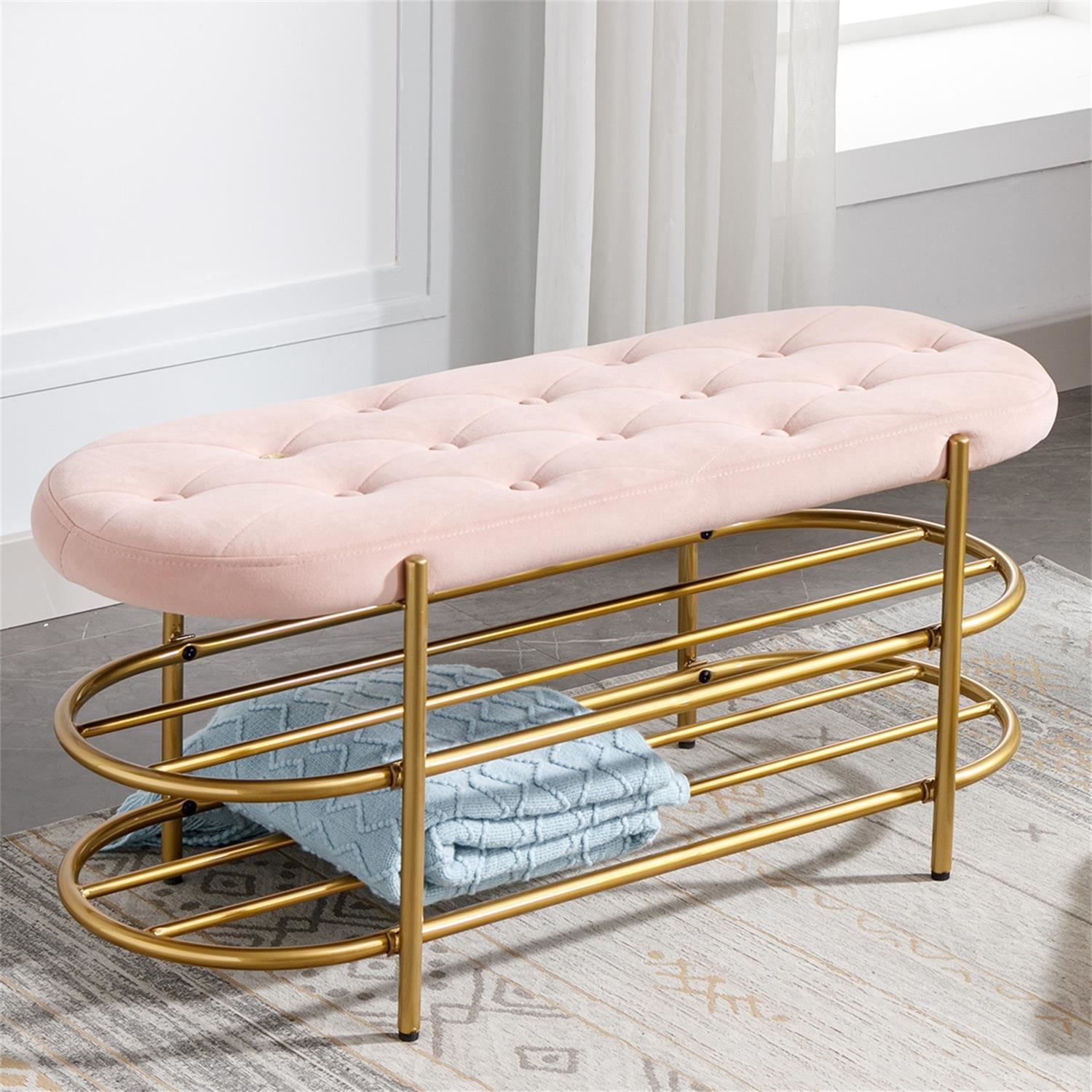 Kepooman Pink Beach, Upholstered End of Bed Bench with 2 Shelf, Velvet Storage Beach for Living Room Kepooman Pink Beach, Upholstered End of Bed Bench with 2 Shelf, Velvet Storage Beach for Living Room